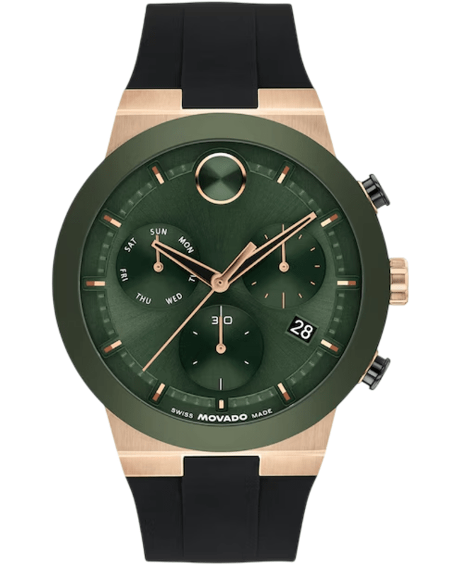 Movado Bold Fusion Chronograph 44mm Green Dial Silicone Strap Men's Watch 3601333