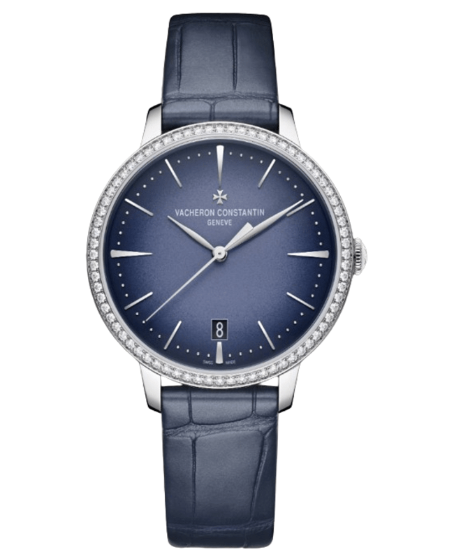Vacheron Constantin Patrimony Moon Phase Self Winding Blue Dial 18K White Gold Diamond Bezel Leather Strap Women's Watch 4115U/000G-B908