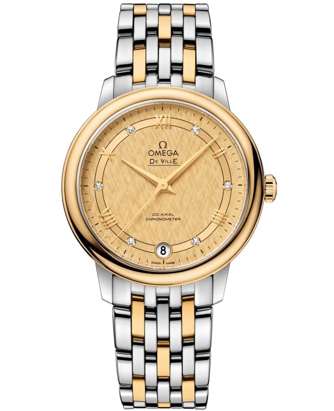 Omega De Ville Prestige Co-Axial 32.7 Champagne Diamond Dial Yellow Gold and Steel Women’s Watch 424.20.33.20.58.003 424.20.33.20.58.003