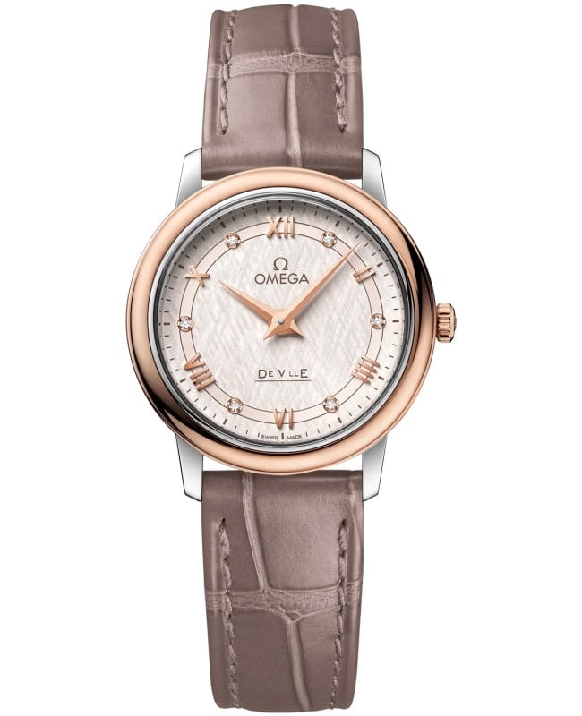 Omega De Ville Prestige Quartz 27.4mm Silver Dial Rose Gold and Steel Leather Strap Women’s Watch 424.23.27.60.52.001 424.23.27.60.52.001