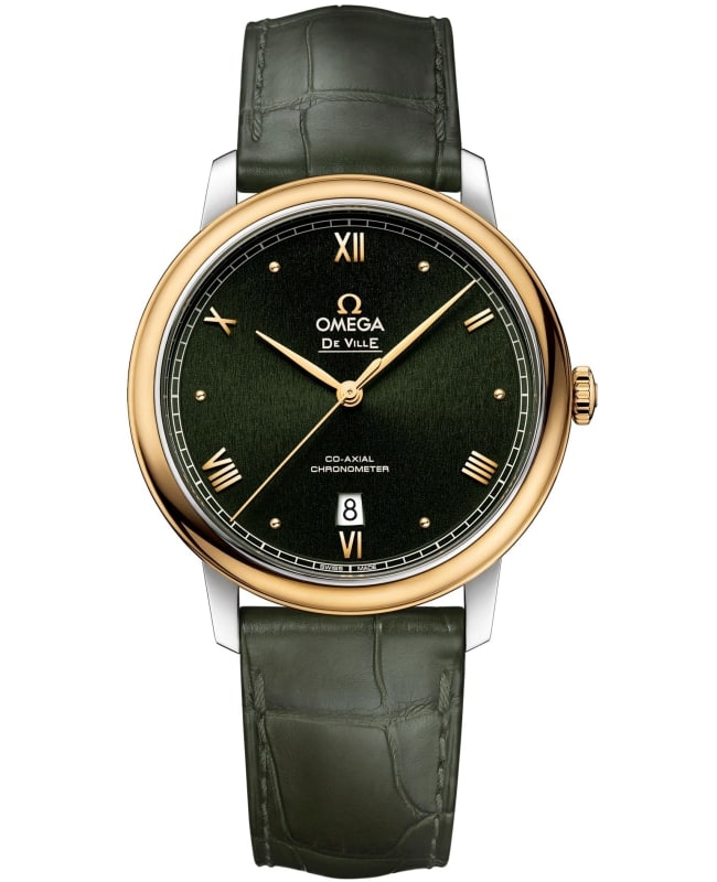 Omega De Ville Prestige Co-Axial 39.5mm Green Dial Yellow Gold and Steel Leather Strap Men’s Watch 424.23.40.20.10.001 424.23.40.20.10.001