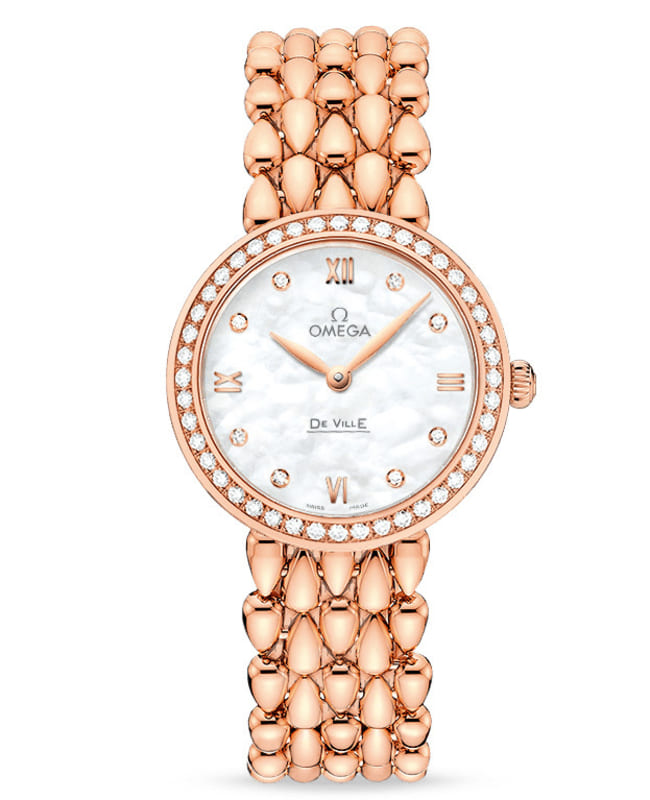 Omega De Ville Prestige Quartz 27.4mm Dewdrop Rose Gold Mother of Pearl Diamond Dial Diamond Bezel Women’s Watch 424.55.27.60.55.004 424.55.27.60.55.0