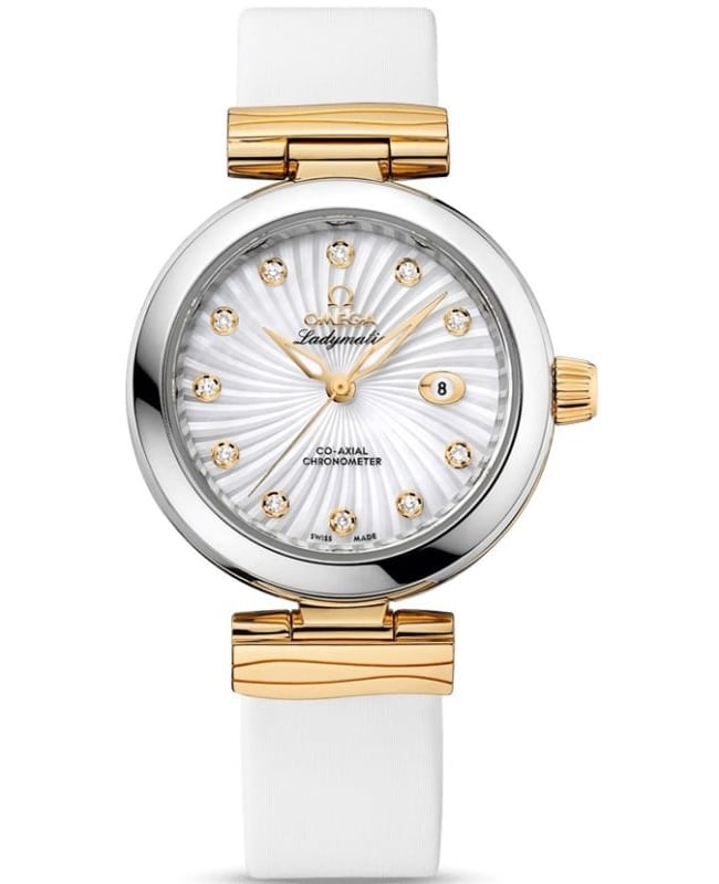 Omega De Ville Ladymatic White Diamond Dial 18K Yellow Gold Leather Strap Women's Watch 425.22.34.20.55.002