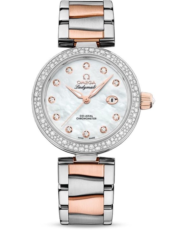 Omega De Ville Ladymatic Diamond Mother of Pearl Dial Two-Tone 18K Rose Gold & Stainless Steel Women's Watch 425.25.34.20.55.004