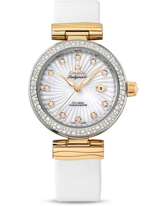Omega De Ville Ladymatic Diamond White Dial 18K Yellow Gold Leather Strap Women's Watch 425.27.34.20.55.002