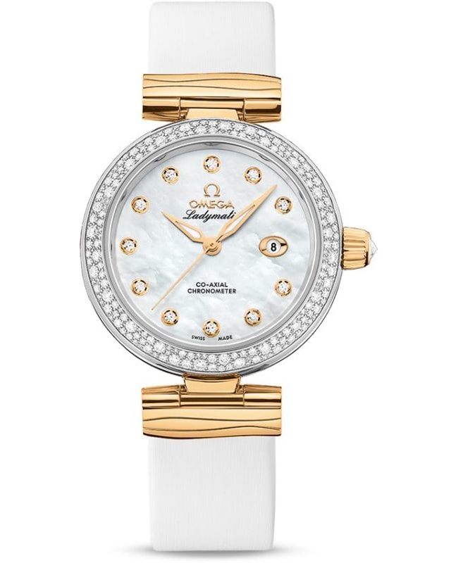 Omega De Ville Ladymatic Diamond Mother of Pearl Dial 18K Yellow Gold Leather Strap Women's Watch 425.27.34.20.55.003