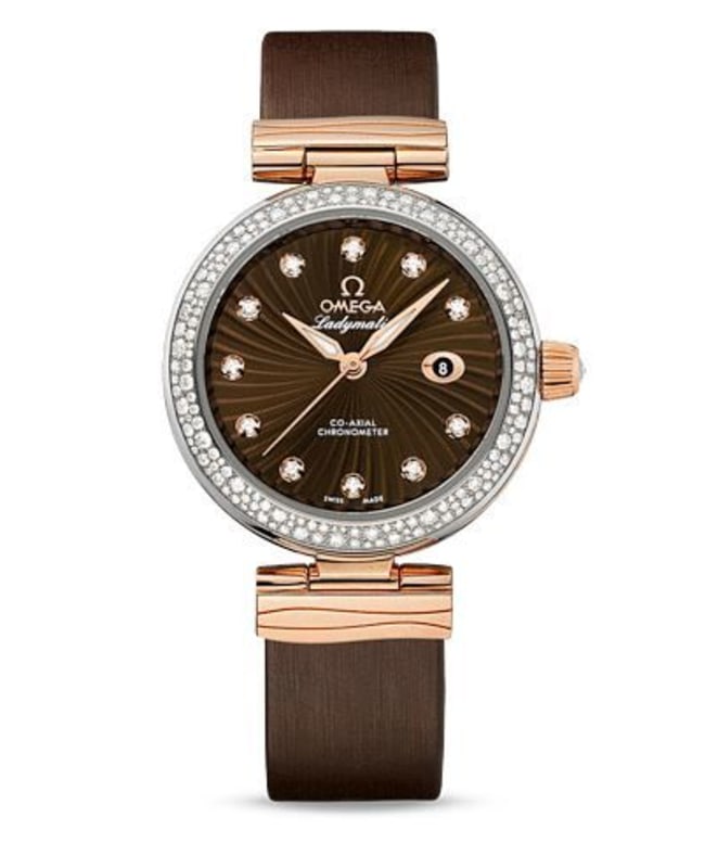 Omega De Ville Ladymatic Diamond Brown Dial 18K Rose Gold Leather Strap Women's Watch 425.27.34.20.63.001