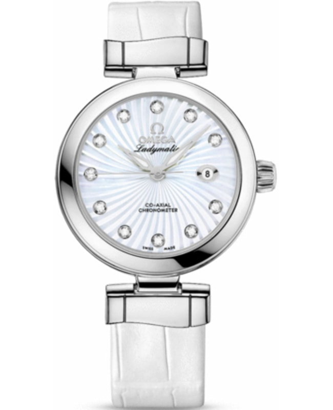 Omega De Ville Ladymatic Mother of Pearl Diamond Dial Leather Strap Women's Watch 425.33.34.20.55.001