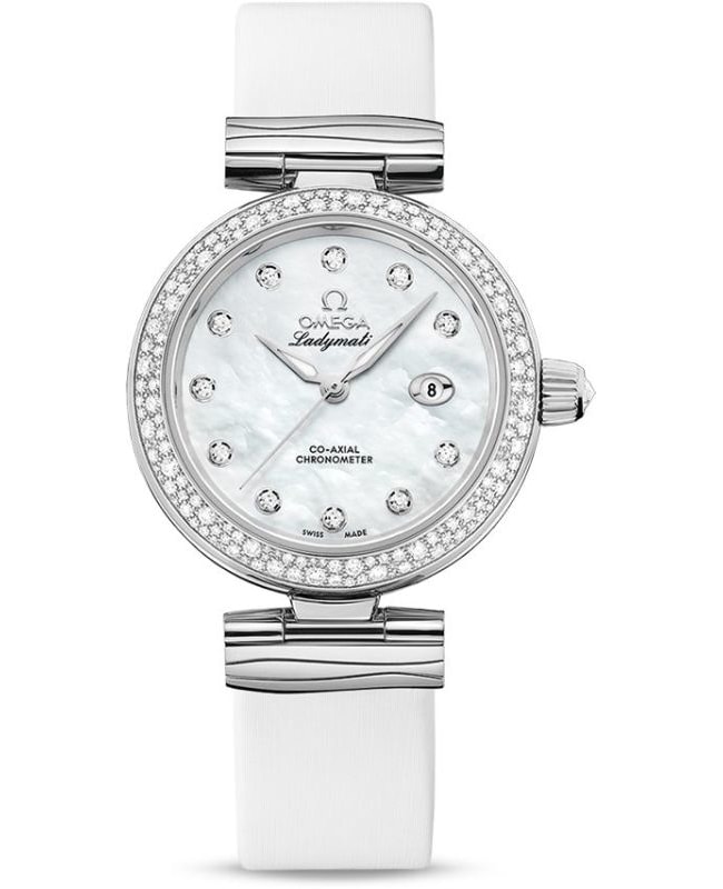 Omega De Ville Ladymatic Diamond Mother of Pearl Dial Leather Strap Women's Watch 425.37.34.20.55.002