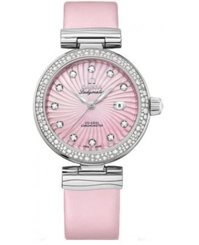Omega De Ville Ladymatic Diamond Pink Dial Leather Strap Women's Watch 425.37.34.20.57.001