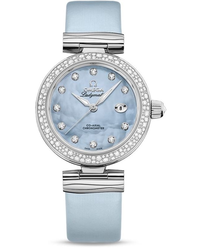 Omega De Ville Ladymatic Diamond Blue Mother of Pearl Dial Leather Strap Women's Watch 425.37.34.20.57.003