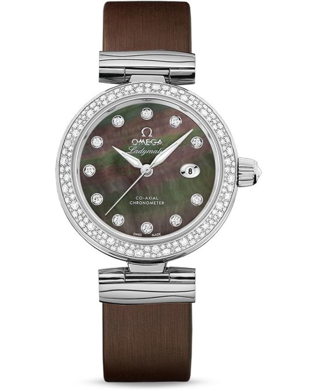 Omega De Ville Ladymatic Diamond Black Mother of Pearl Dial Leather Strap Women's Watch 425.37.34.20.57.004