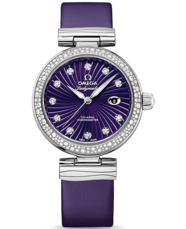 Omega De Ville Ladymatic Diamond Purple Dial Leather Strap Women's Watch 425.37.34.20.60.001