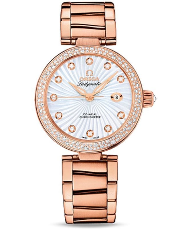 Omega De Ville Ladymatic Diamond Mother of Pearl Dial 18K Rose Gold Women's Watch 425.65.34.20.55.003