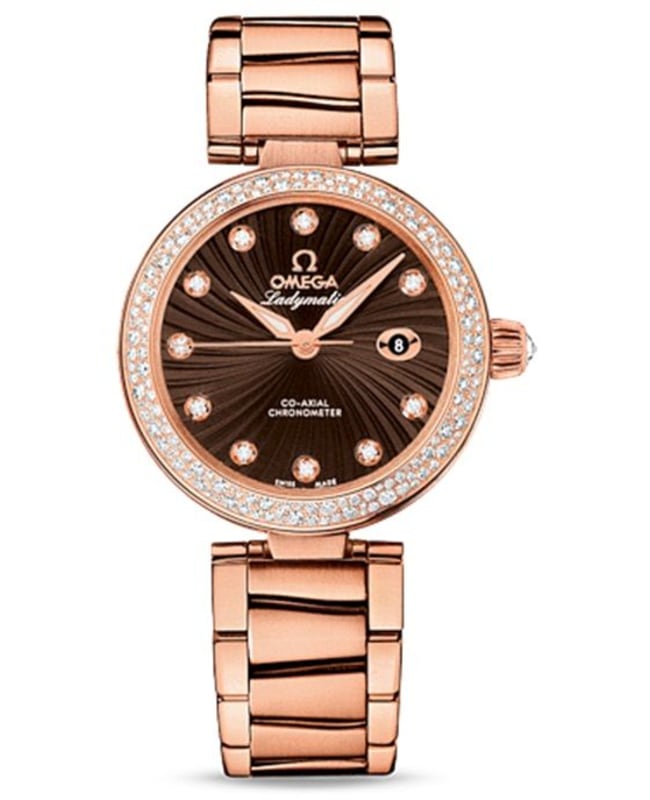 Omega De Ville Ladymatic Diamond Brown Dial 18K Rose Gold Women's Watch 425.65.34.20.63.002