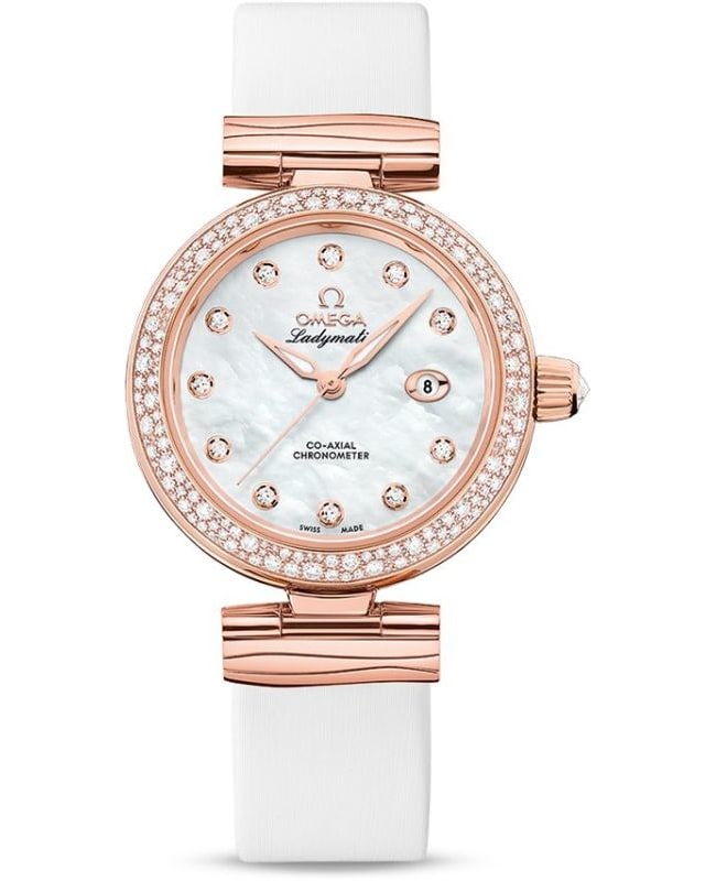 Omega De Ville Diamond Mother of Pearl Dial 18K Rose Gold Leather Strap Women's Watch 425.67.34.20.55.008