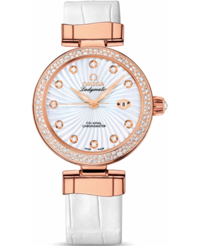 Omega De Ville Ladymatic Diamond Mother of Pearl Dial 18k Rose Gold Leather Strap Women's Watch 425.68.34.20.55.001