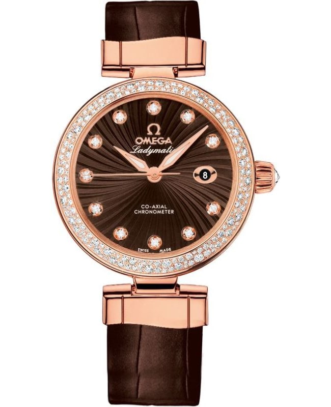 Omega De Ville Ladymatic Diamond Brown Dial 18K Rose Gold Leather Strap Women's Watch 425.68.34.20.63.001