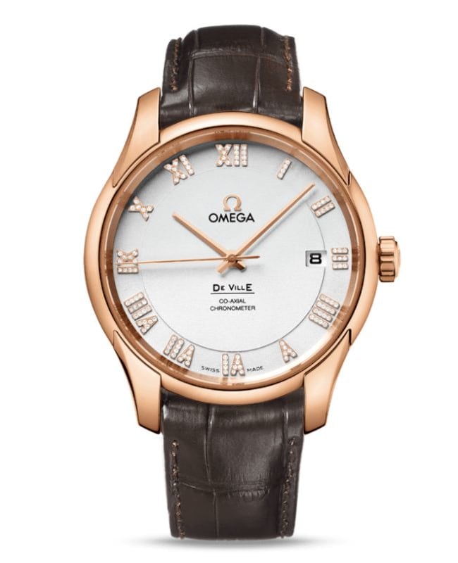 Omega De Ville Silver Diamond Dial 18K Rose Gold Leather Strap Men's Watch 431.53.41.21.52.001