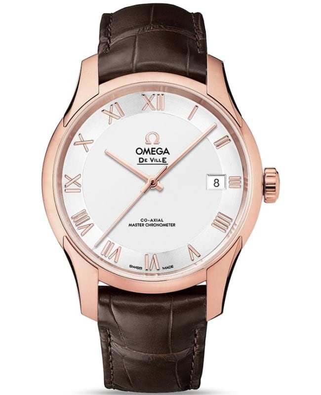 Omega De Ville Hour Vision Silver Dial Rose Gold Leather Strap Men’s Watch