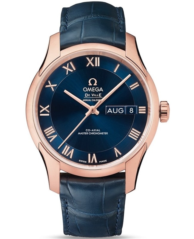 Omega De Ville Hour Vision Annual Calendar Blue Dial Rose Gold Leather Strap Men’s Watch