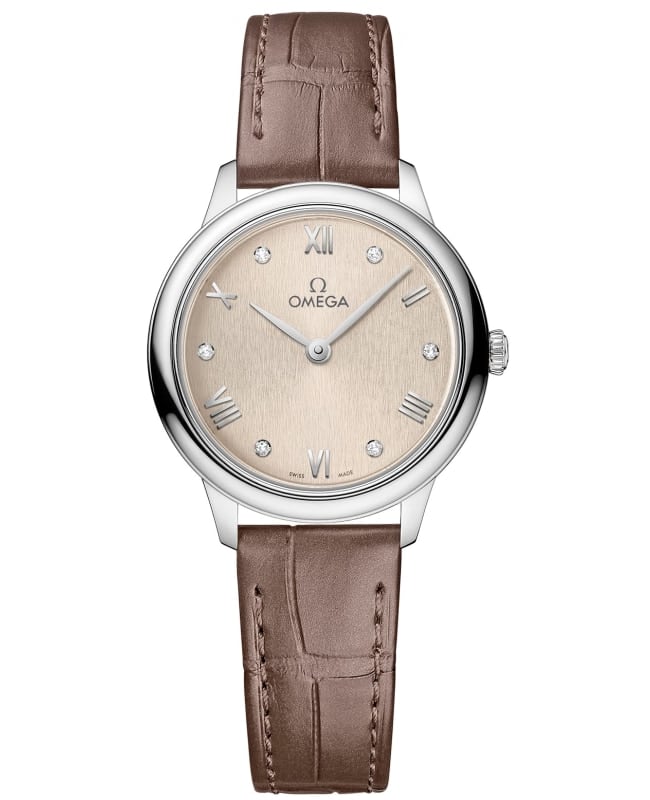 Omega De Ville Prestige Quartz 27.5mm Beige Diamond Dial Taupe Leather Strap Women's Watch 434.13.28.60.59.001