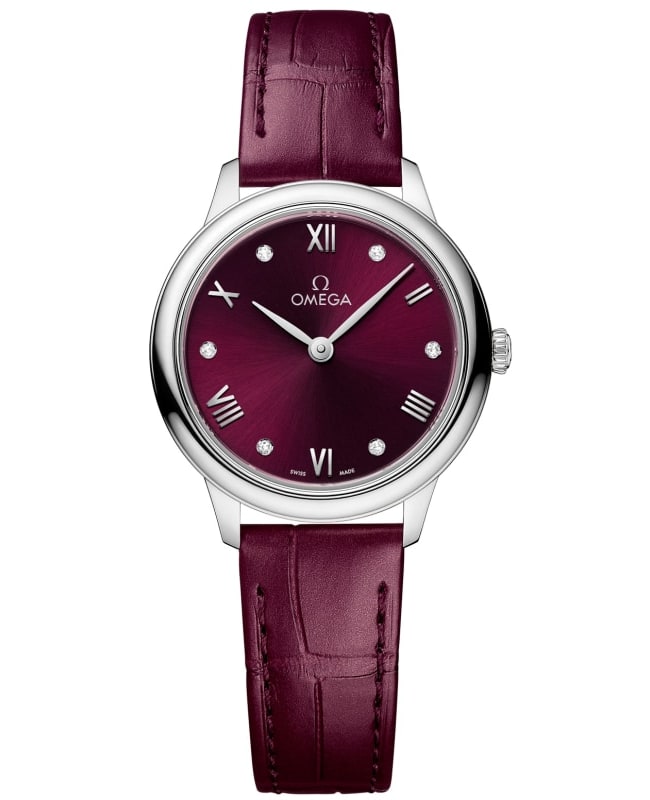 Omega De Ville Prestige Quartz 27.5mm Burgundy Diamond Dial Leather Strap Women's Watch 434.13.28.60.61.001