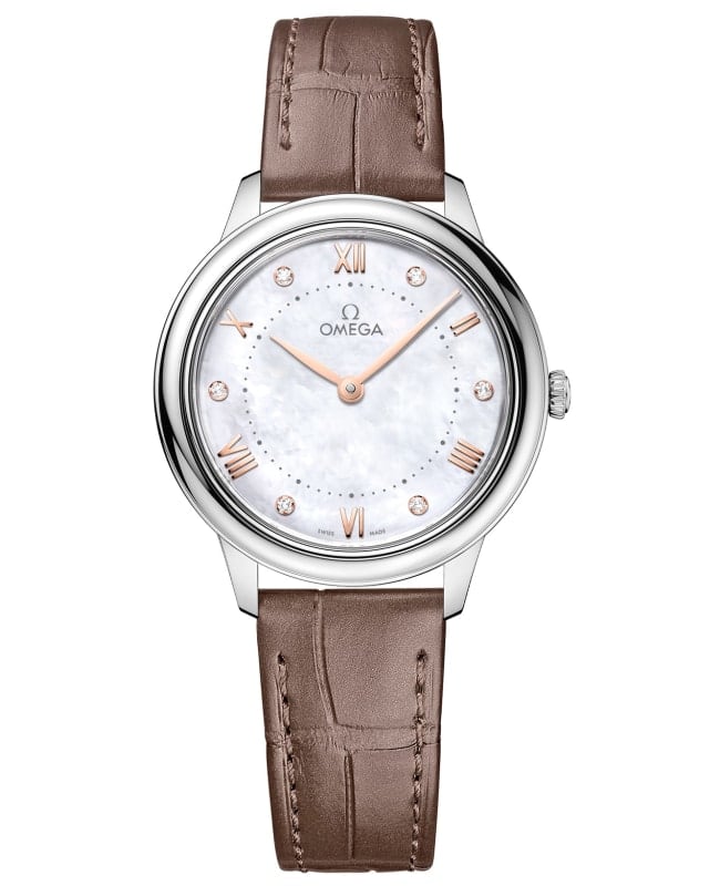 Omega De Ville Prestige Quartz 30mm Mother of Pearl Diamond Dial Leather Strap Women's Watch 434.13.30.60.55.001