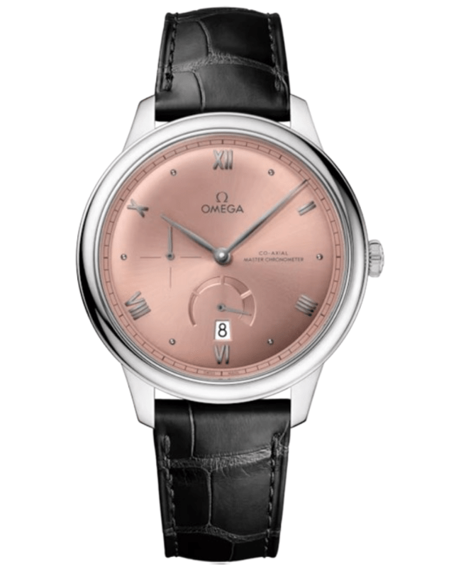 Omega De Ville Prestige CoAxial Chronometer Power Reserve 41mm Automatic Salmon Dial Black Leather Strap Mens Watch 43413412110001 434134121