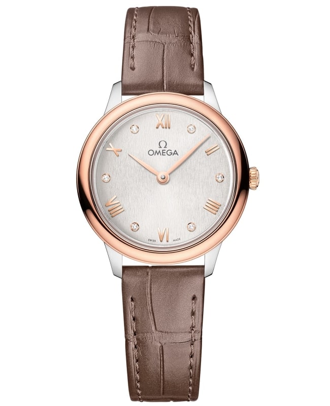 Omega De Ville Prestige Quartz 27.5mm Silver Diamond Dial Taupe Leather Strap Women's Watch 434.23.28.60.52.001