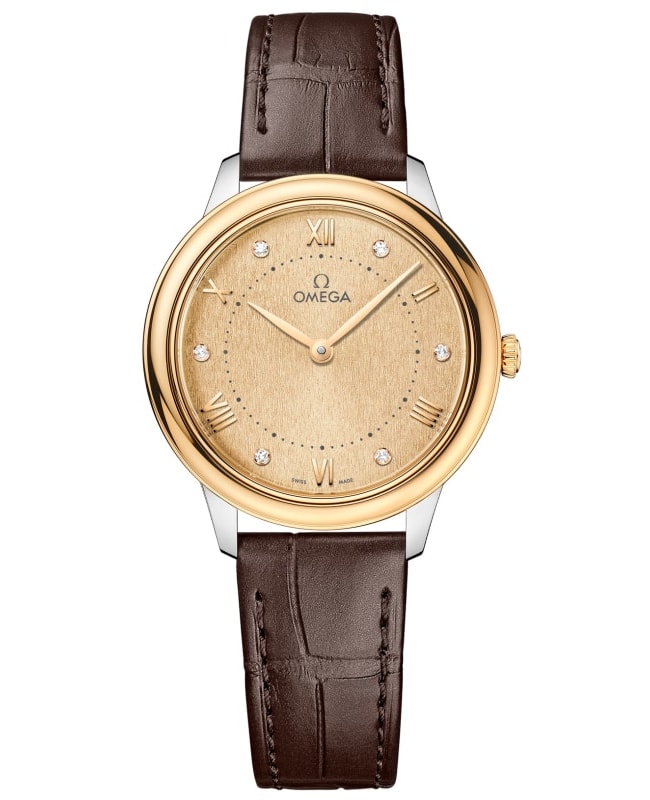 Omega De Ville Prestige Quartz 30mm Champagne Diamond Dial Two-Tone 18K Yellow Gold Bezel Leather Strap Women's Watch 434.23.30.60.58.001