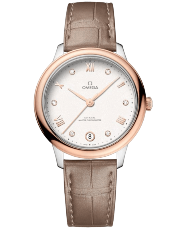 Omega De Ville Prestige CoAxial Master Chronometer 34mm Automatic Silver Diamond Dial 18K Rose Gold Bezel Taupe Leather Strap Womens Watch 4342334 Omega De Ville Prestige CoAxial Master Chronometer 34mm Automatic Silver Diamond Dial 18K Rose Gold Bezel Taupe Leather Strap Womens Watch 4342334