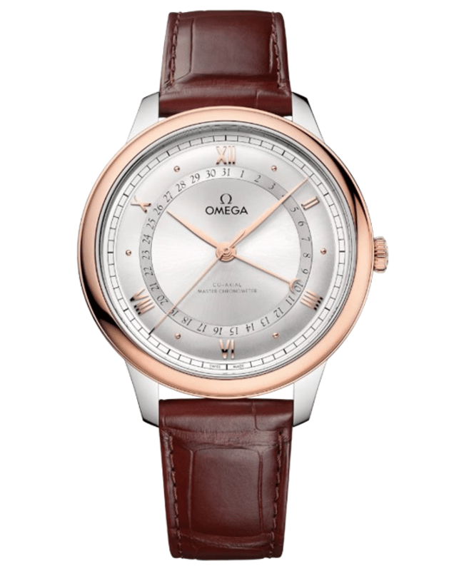 Omega De Ville Prestige Power Reserve Co-Axial Automatic Silver Dial 18K Rose Gold Leather Strap Men's Watch 434.23.42.22.02.001