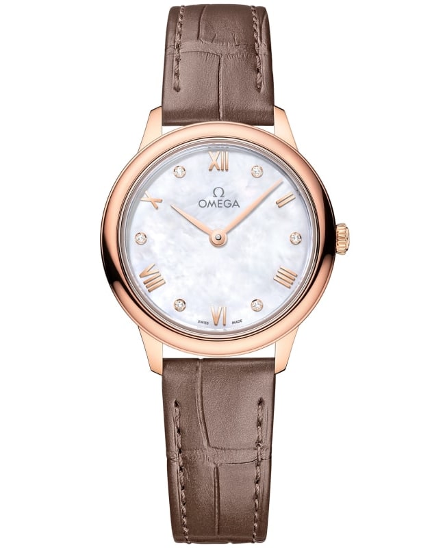 Omega De Ville Prestige Quartz 27.5mm Mother of Pearl Diamond Dial 18K Rose Gold Leather Strap Women's Watch 434.53.28.60.55.001