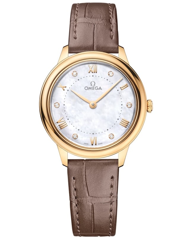 Omega De Ville Prestige Quartz 30mm Mother of Pearl Diamond Dial 18K Yellow Gold Leather Strap Women's Watch 434.53.30.60.55.002