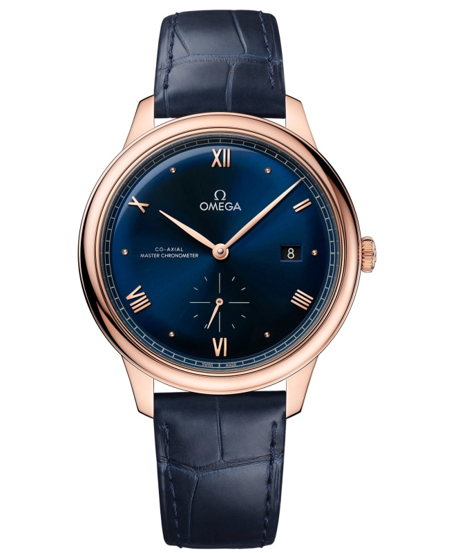 Omega De Ville Prestige Co-Axial Master Chronometer Small Seconds 41mm Automatic Blue Dial 18K Rose Gold Leather Strap Men's Watch 434.53.41.20.03.001