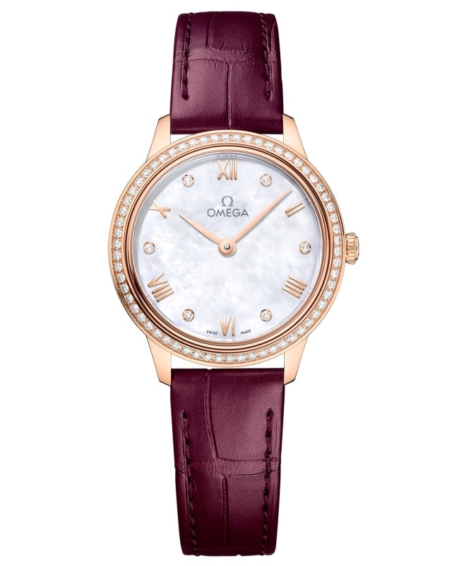 Omega De Ville Prestige Quartz 27.5mm Diamond Mother of Pearl Dial 18K Rose Gold Leather Strap Women's Watch 434.58.28.60.55.001