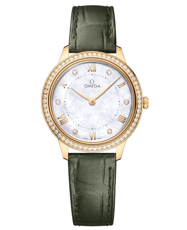 Omega De Ville Prestige Quartz 30mm Diamond Mother of Pearl Dial 18K Yellow Gold Leather Strap Women's Watch 434.58.30.60.55.002