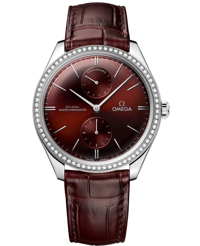 Omega De Ville Tresor Burgundy Dial Diamond Leather Strap Men’s Watch