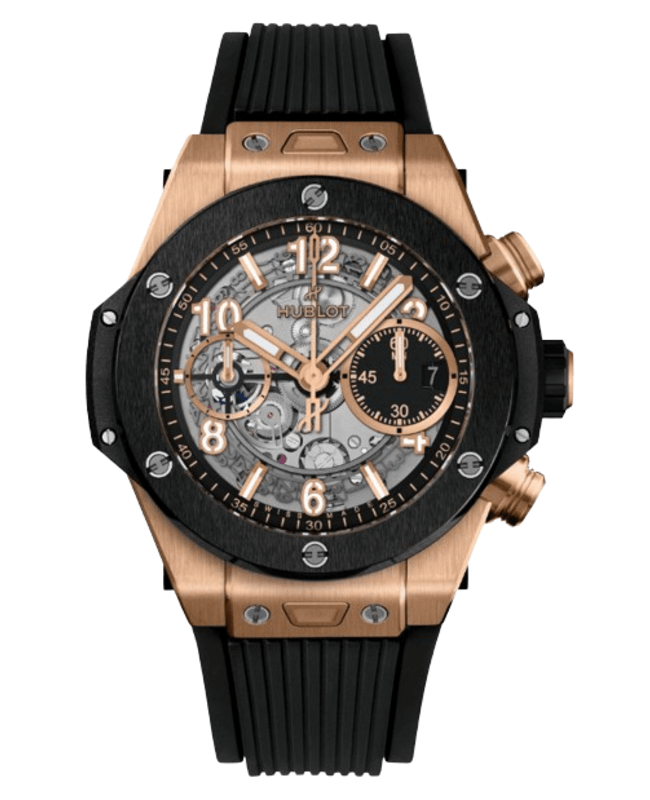 Hublot Big Bang Unico King Gold Ceramic Automatic Chronograph Skeleton Dial 18K Rose Gold Black Rubber Strap Men's Watch 441.OM.1181.RX