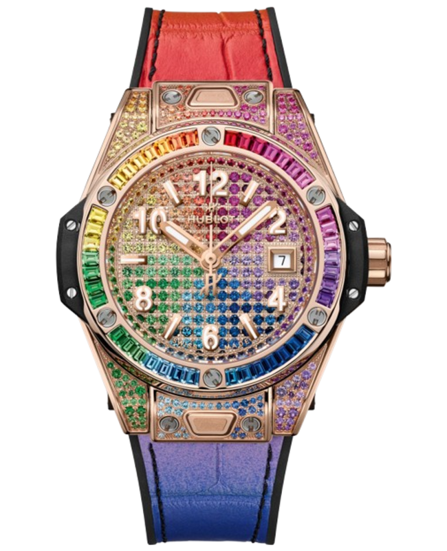 Hublot Big Bang One Click Rainbow Automatic Gemstone Bezel 18K King Gold Leather Strap Women's Watch 485.OX.9900.LR.0999