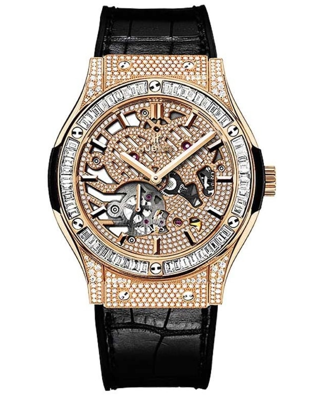 Hublot Classic Fusion Ultra Thin Diamond Skeleton Dial Leather Strap Men's Watch 515.OX.9000.LR.0904