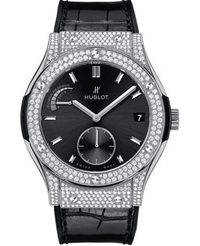 Hublot Classic Fusion Power Reserve Diamond Black Dial Leather Strap Men's Watch 516.NX.1470.LR.1704