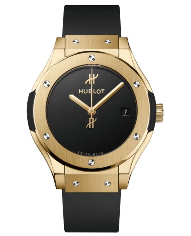 Hublot Classic Fusion 38mm Original 18K Yellow Gold Automatic Black Dial Rubber Strap Unisex Watch 565.VX.1230.RX.MDM