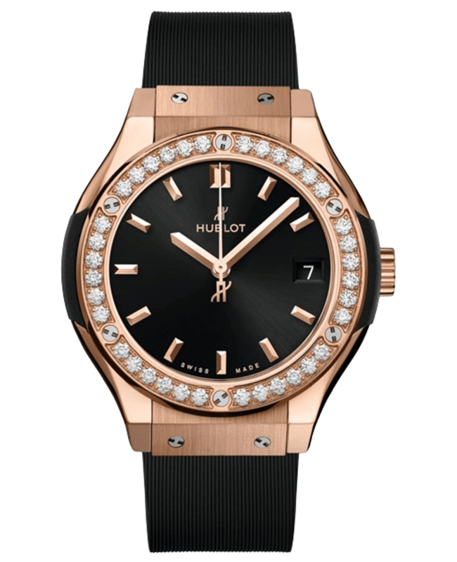 Hublot Classic Fusion 33mm King 18K Rose Gold Quartz Black Dial Diamond Bezel Rubber Strap Women's Watch 581.OX.1480.RX.1104