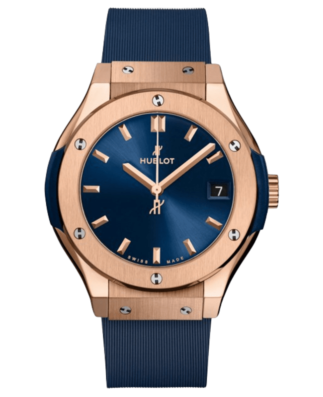 Hublot Classic Fusion 33mm King 18K Rose Gold Quartz Blue Dial Rubber Strap Women's Watch 581.OX.7180.RX