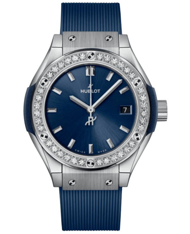 Hublot Classic Fusion Blue Titanium Quartz Diamond Bezel Rubber Strap Women's Watch 591.NX.7170.RX.1204
