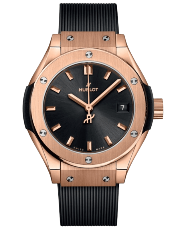 Hublot Classic Fusion King 18K Rose Gold 29mm Quartz Black Dial Rubber Strap Women's Watch 591.OX.1480.RX 591.OX.1480.RX