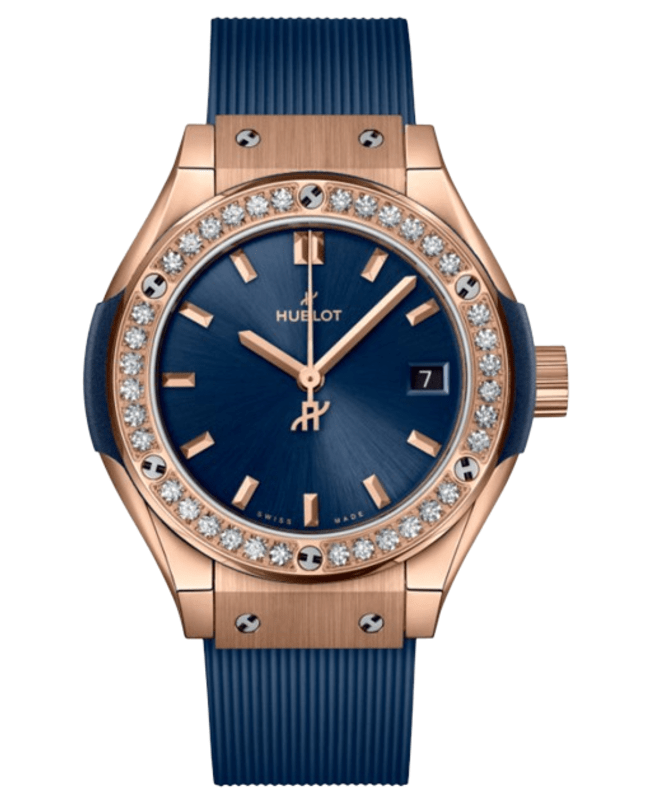 Hublot Classic Fusion Blue 18K King Rose Gold Quartz Diamond Bezel Rubber Strap Women's Watch 591.OX.7180.RX.1204