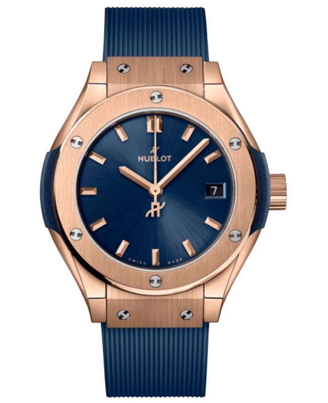 Hublot Classic Fusion King 18K Rose Gold 29mm Quartz Blue Dial Rubber Strap Women's Watch 591.OX.7180.RX